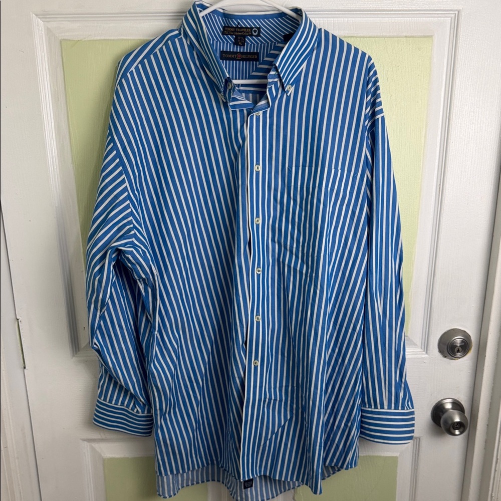(1991) Tommy Hilfiger Blue and White Striped Shirt, Size: XL